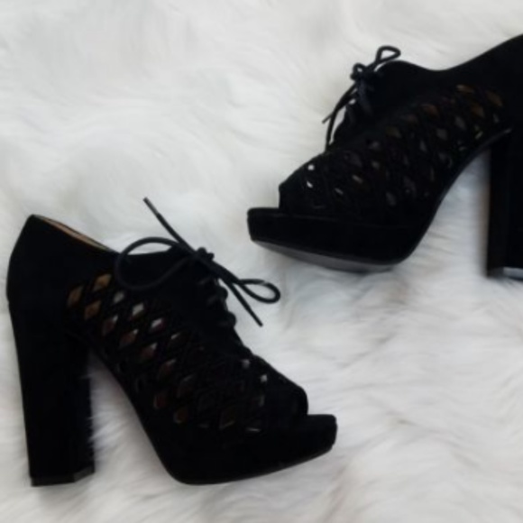 torrid Shoes - Torrid Black Suede Chunky Heel Open Toe Heel Caged
